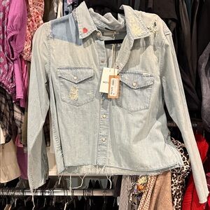 MOTHER Light Blue Distressed Denim Shirt